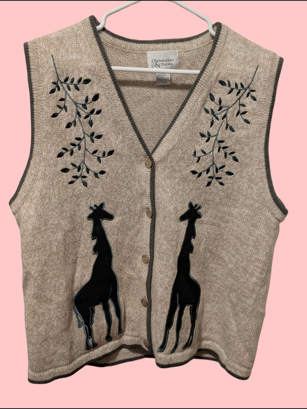 Vintage Y2k Eclectic Christopher & Banks Beige Knit Giraffe Embroidered Vest